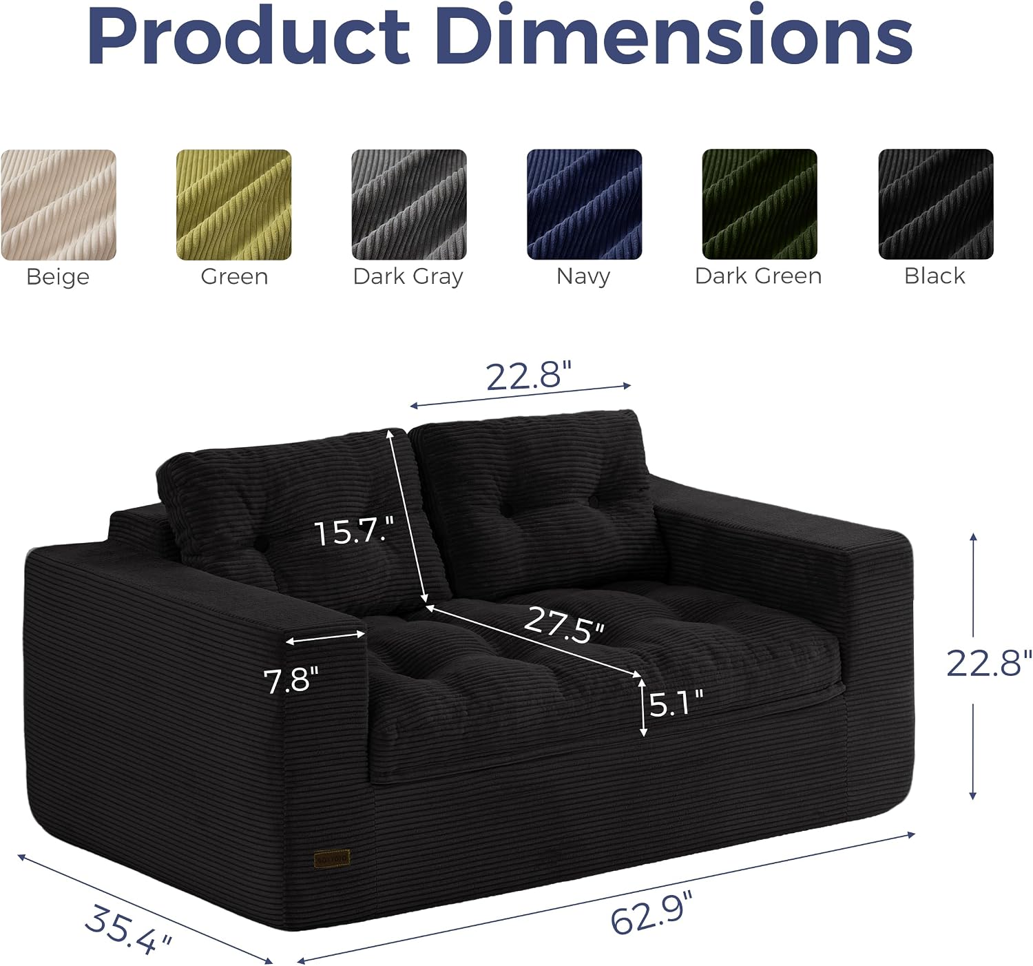 MAXYOYO Boneless Sofa Couch for Adults, Upholstered Floor Sofa with Armrests, Loveseat Couch with Cushion & Pillows, Sofa in A Box, Large Bean Bag Couch for Bedroom Living Room
