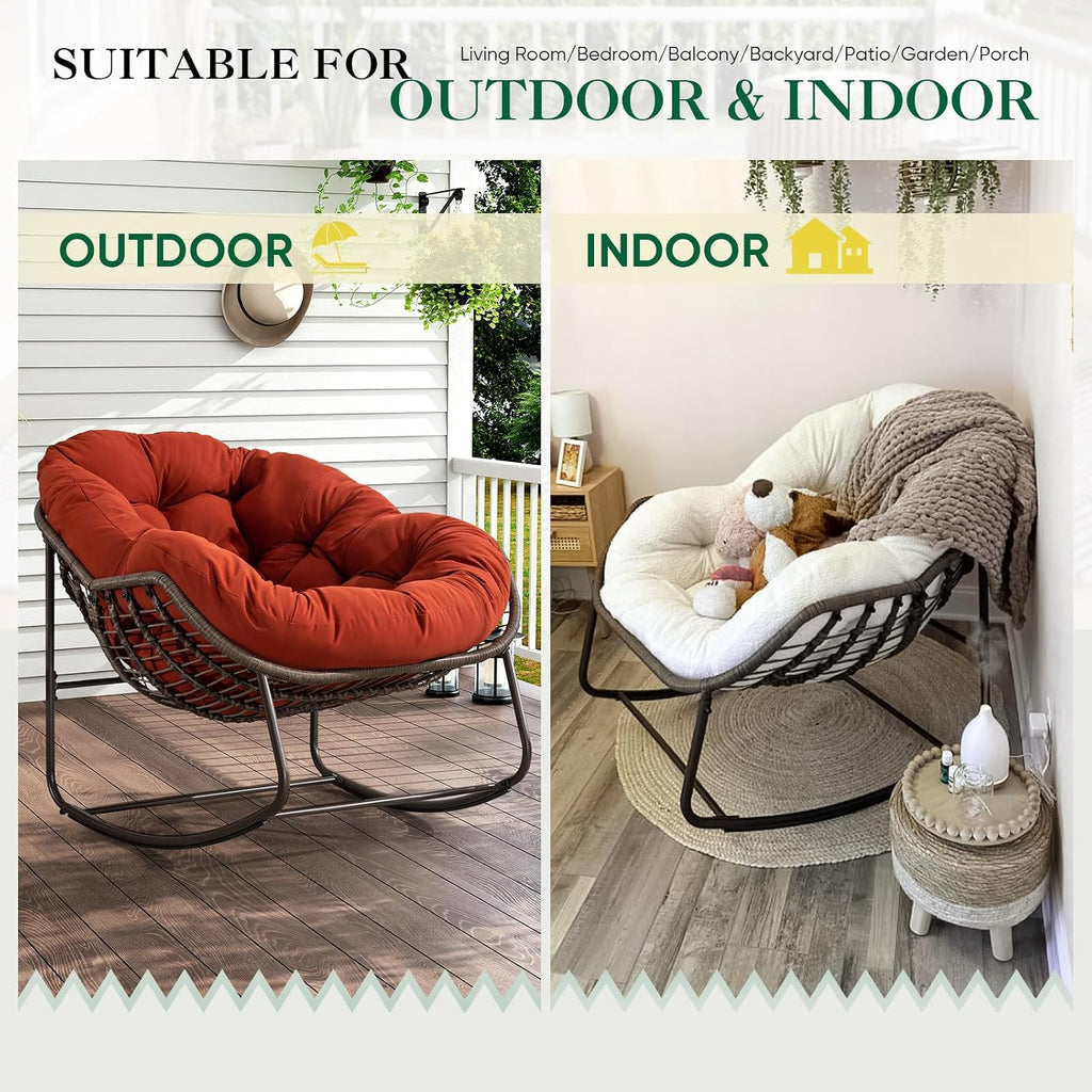 Deolme Large Papasan Rocking Chair Set of 2 with Cushion, Oversized Comfy Reading Chair Lounging Indoor Outdoor Rocker for Front Porch Backyard Bedroom Living Room Egg Chair Rattan (Orange)