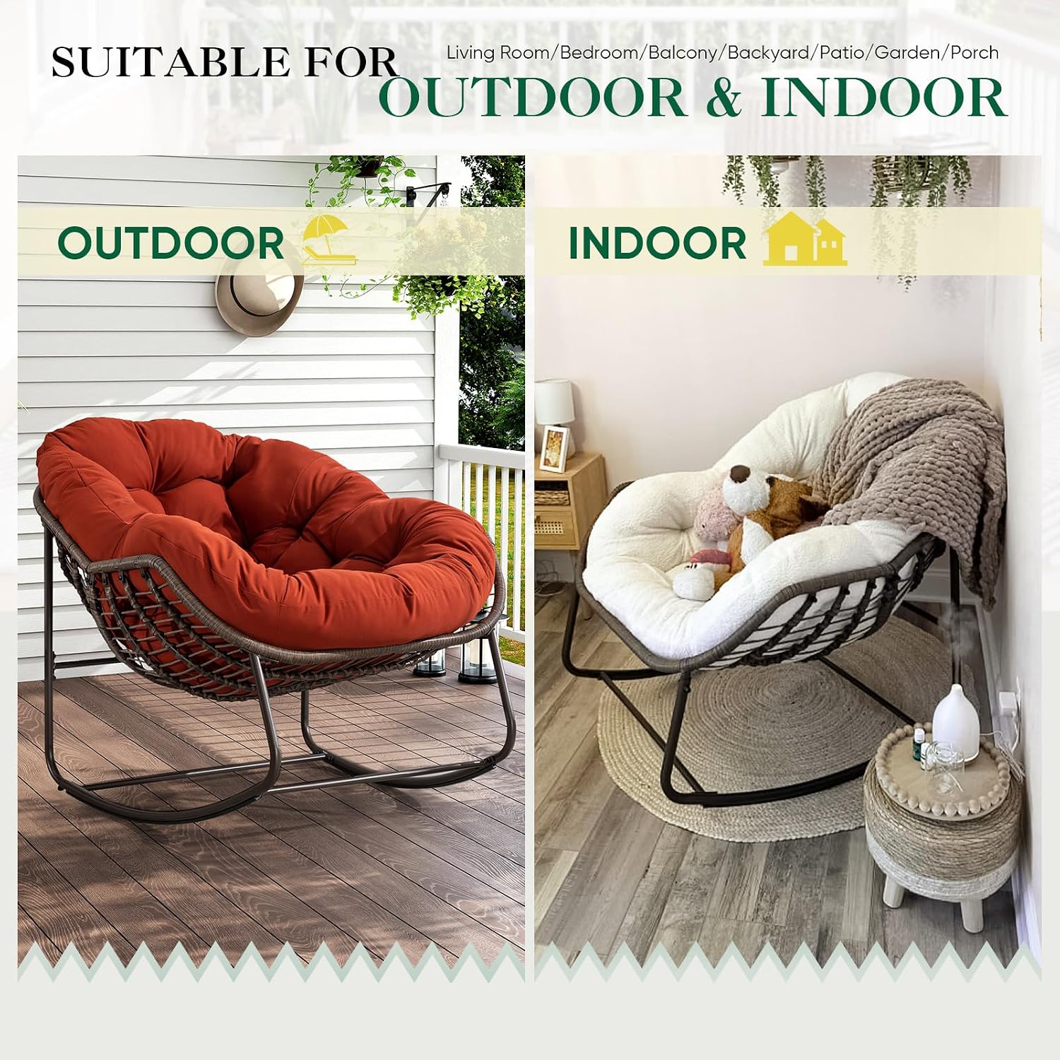 Deolme Large Papasan Rocking Chair Set of 2 with Cushion, Oversized Comfy Reading Chair Lounging Indoor Outdoor Rocker for Front Porch Backyard Bedroom Living Room Egg Chair Rattan (Orange)