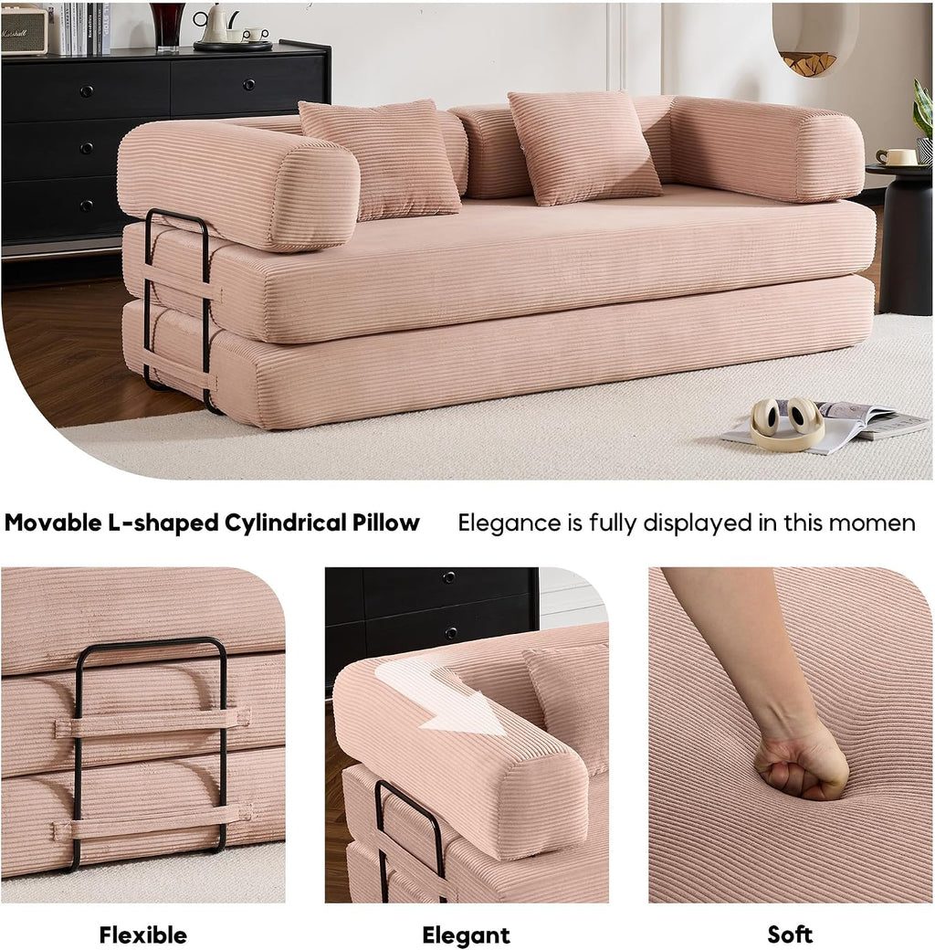 ZEIINPA Convertible Folding Couch Bed, Comfy Corduroy Sleeper Floor Sofa Bed with Fixed-Shape Frame, Floor Sofa with Armrest, Lounge Couch for Living Room Bedroom Lounge Studio,Pale Pink