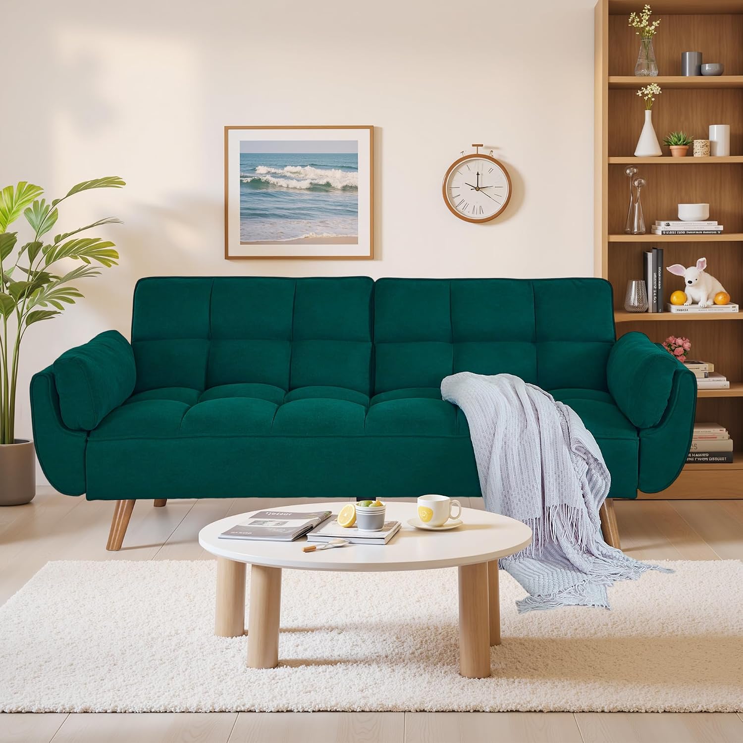 Convertible Futon Couch Bed, Sleeper Sofa Bed with Adjustable Backrests, Linen Loveseat Sofa 3 Seater Comfy Couch for Small Spaces, Living Room, Bedroom(Green, 75')