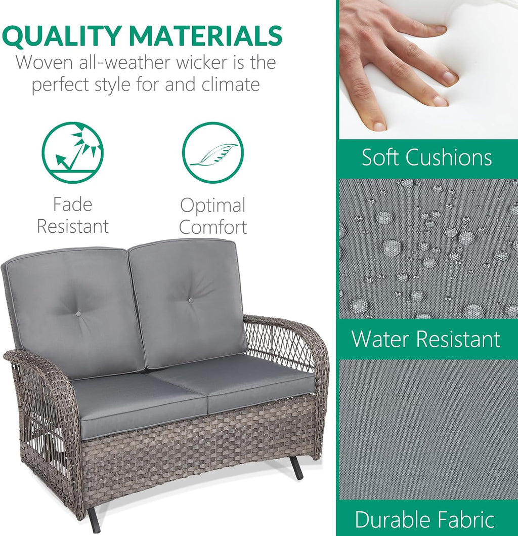 VIVIJASON 2-Piece Patio Wicker Loveseat Glider Set Cushioned, Outdoor Conversation Furniture Sets with 2-Seater Glider Rocking Bench, Coffee Table and Cushions for Porch Garden Poolside, Grey