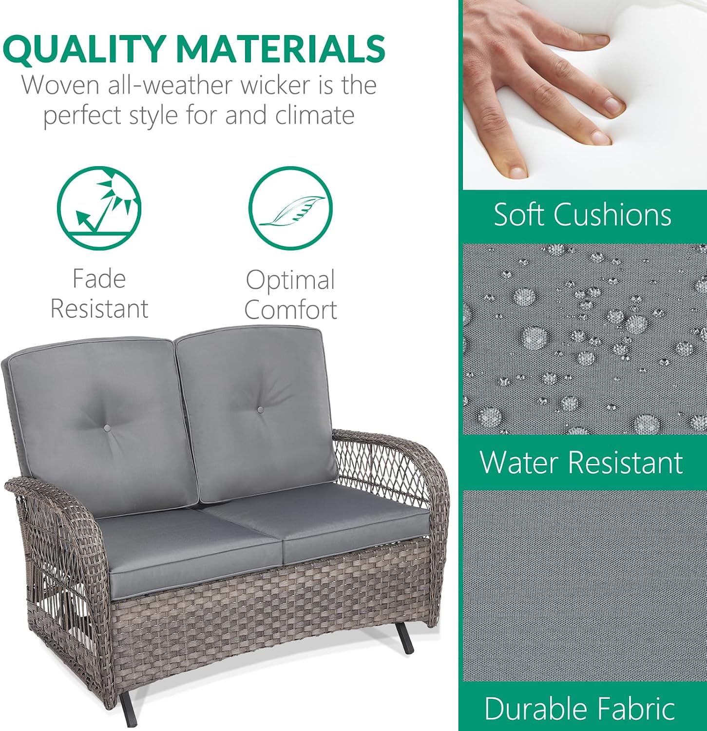 VIVIJASON 2-Piece Patio Wicker Loveseat Glider Set Cushioned, Outdoor Conversation Furniture Sets with 2-Seater Glider Rocking Bench, Coffee Table and Cushions for Porch Garden Poolside, Grey