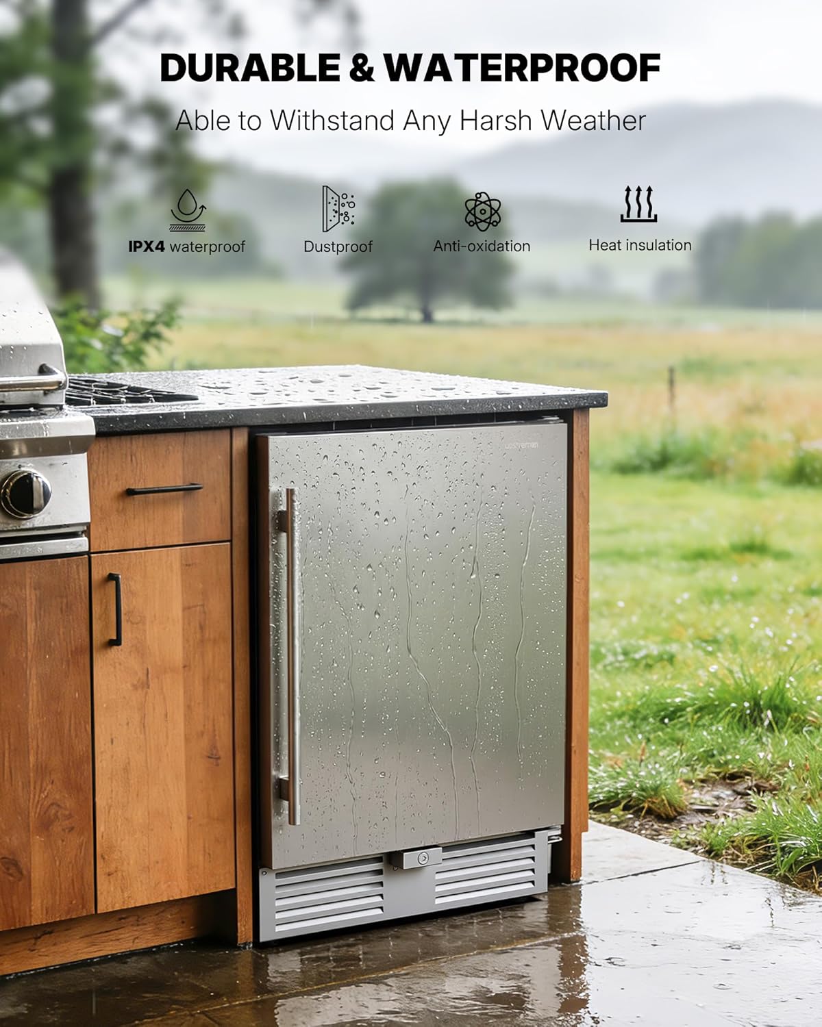 Upstreman 24 Inch Outdoor Refrigerator, 170 Can Under Counter Refrigerator with Stainless Steel Door, Weatherproof, LED Light, Beverage Fridge for Home, Patio or Commercial Use-BR50