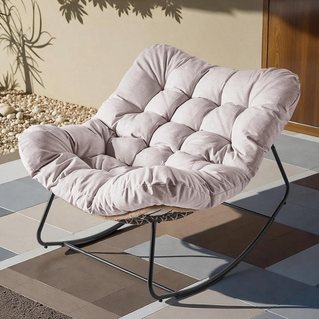 Outdoor Rocking Chair, Oversized Patio Papasan Wicker Chair with Cushion Indoor Egg Chair for Bedroom, Living Room, Porch, Garden, Lawn (Beige)