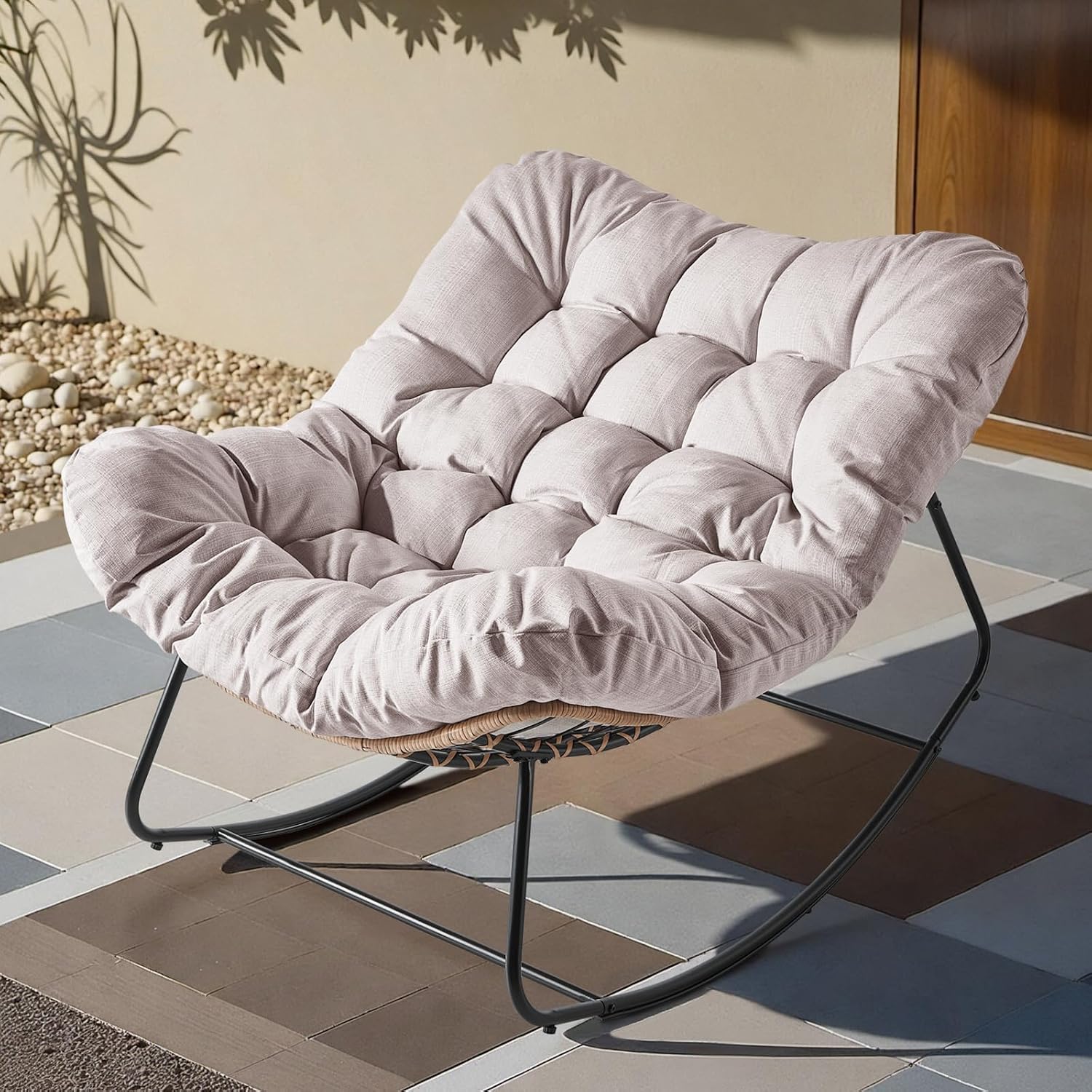 Outdoor Rocking Chair, Oversized Patio Papasan Wicker Chair with Cushion Indoor Egg Chair for Bedroom, Living Room, Porch, Garden, Lawn (Beige)