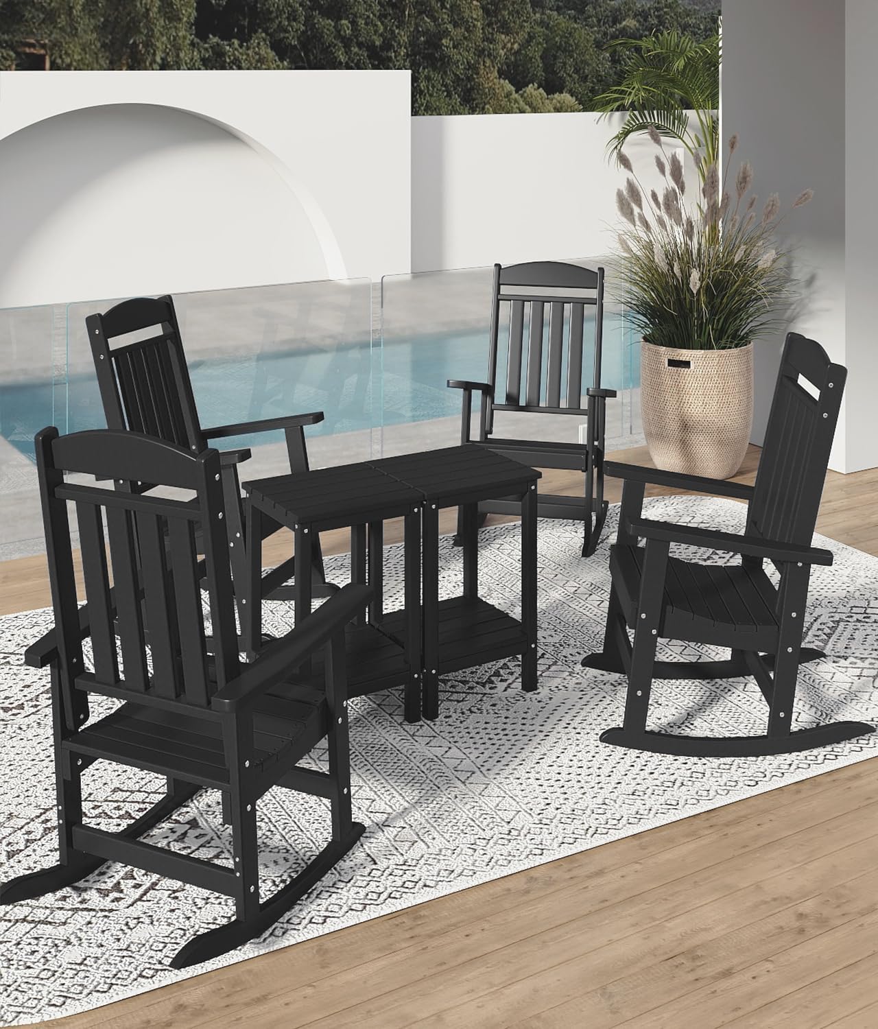 FOOWIN Outdoor Rocking Chair Set of 8, High Back Patio Rocking Chair, HDPE All Weather Resistant Porch Rocker for Adult, Oversized Rocking Chairs for Garden, Lawn, Indoor & Outdoor Use, Black