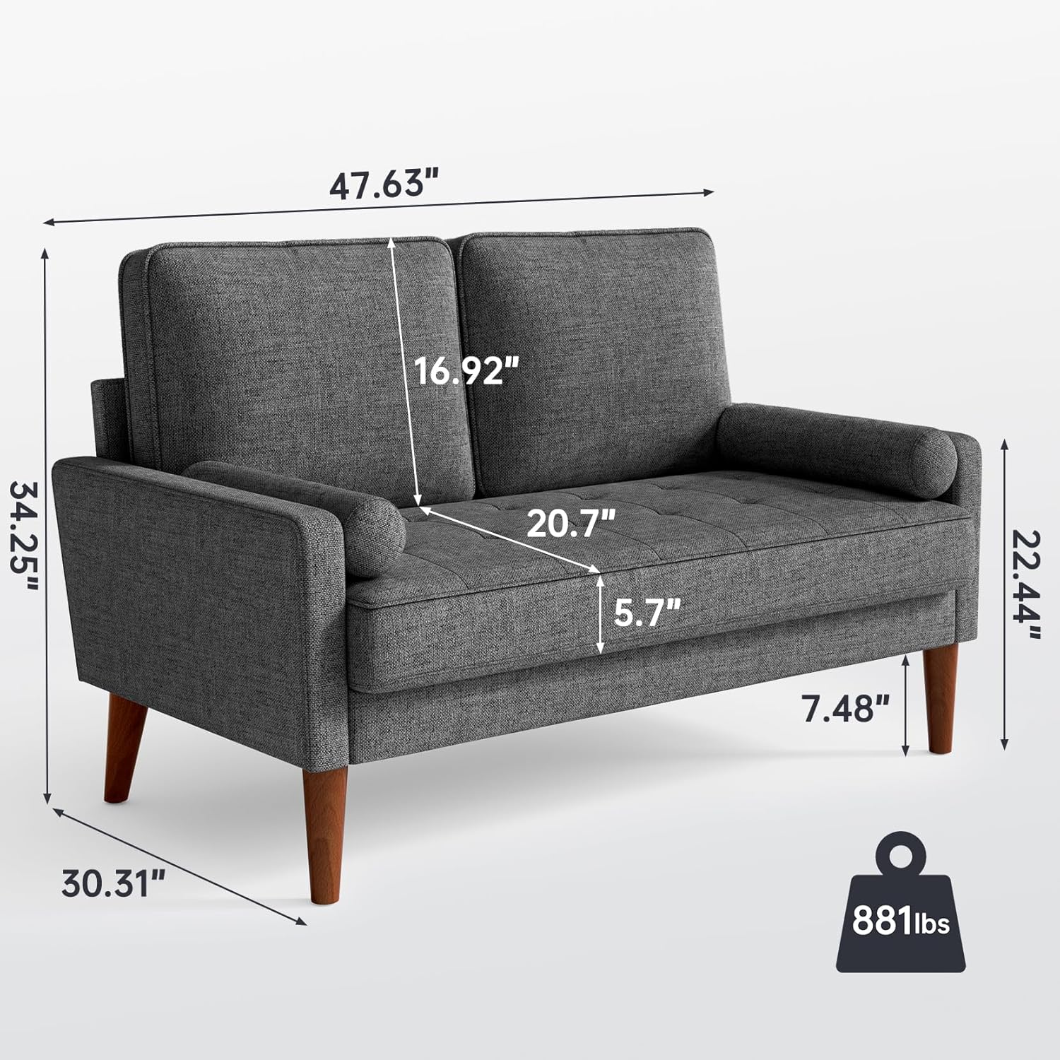 Vesgantti Loveseat Sofa 48' Small Couches for Small Spaces, Love Seat for Living Room, Bedroom, Easy Assembly Mid Century Modern Couch, Charcoal Gray