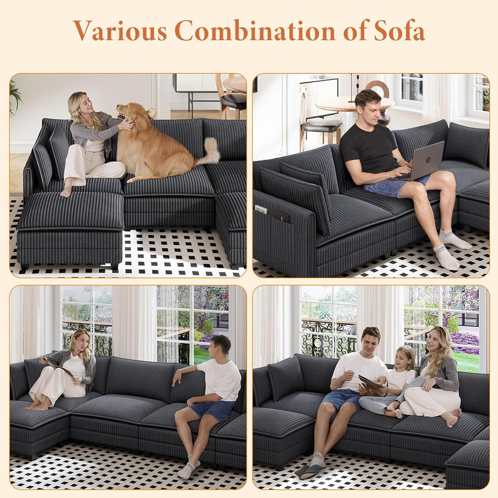 Vesgantti 109' U Shaped Cloud Sectional Sofa, Comfy Corduroy Upholstered Sectional Modular Sofas for Living Room, Modern Modular Couch with 2 Ottoman Deep Seat, Dark Grey