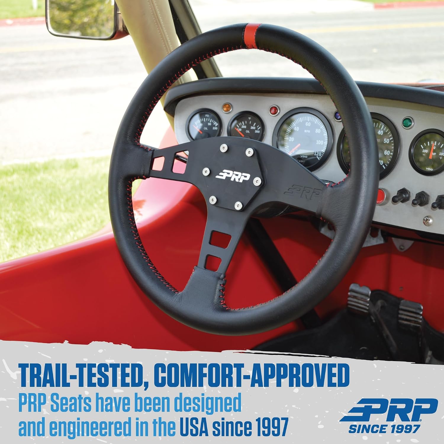 PRP Seats Flat Leather Grip Steering Wheel for Off-Road Racing, High-Strength Aluminum, Matte Blac