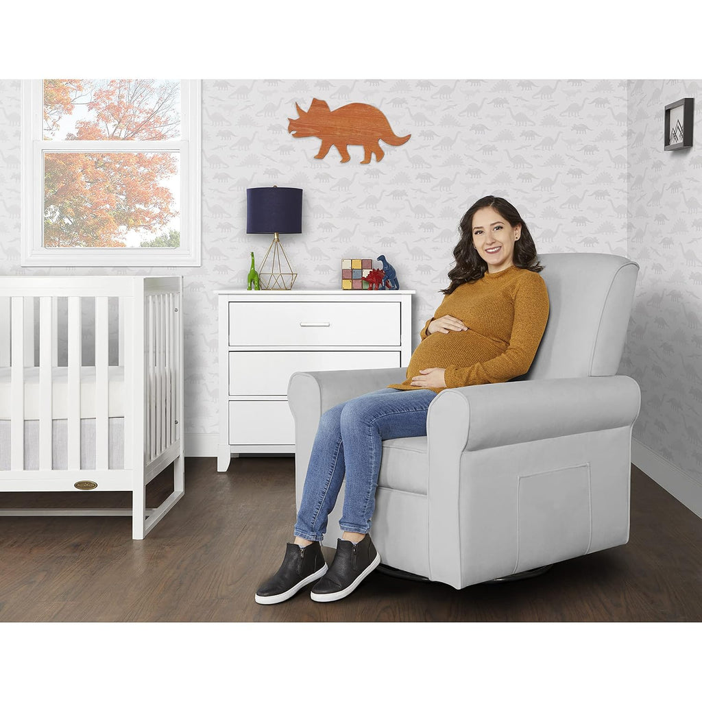 Evolur London Upholstered Plush Seating Glider Swivel, Ergonomically Designed for Nursery in Misty Grey, Tool-Free Assembly, Easy to Clean, Greenguard Gold Certified, Environmentally Conscious Glider
