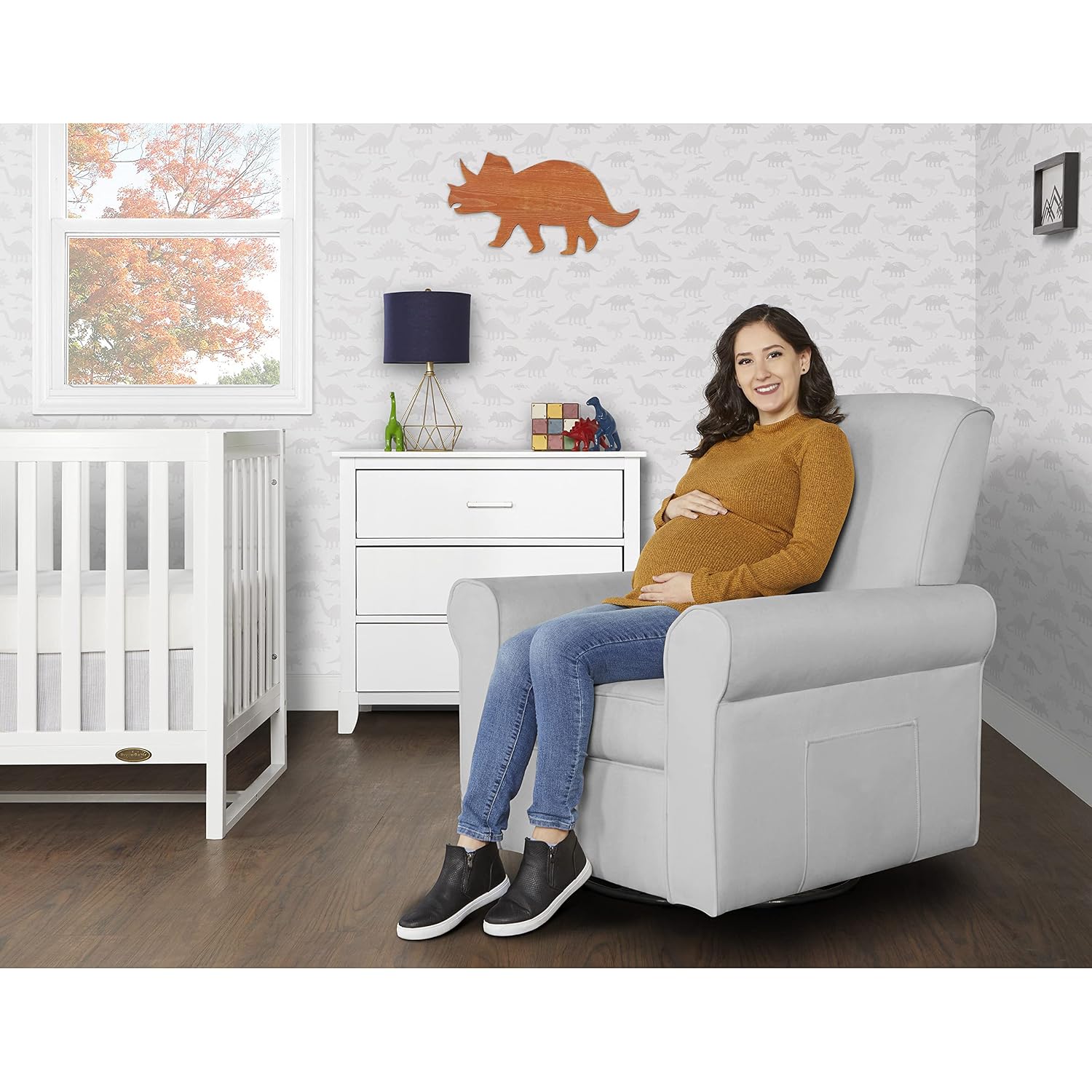 Evolur London Upholstered Plush Seating Glider Swivel, Ergonomically Designed for Nursery in Misty Grey, Tool-Free Assembly, Easy to Clean, Greenguard Gold Certified, Environmentally Conscious Glider