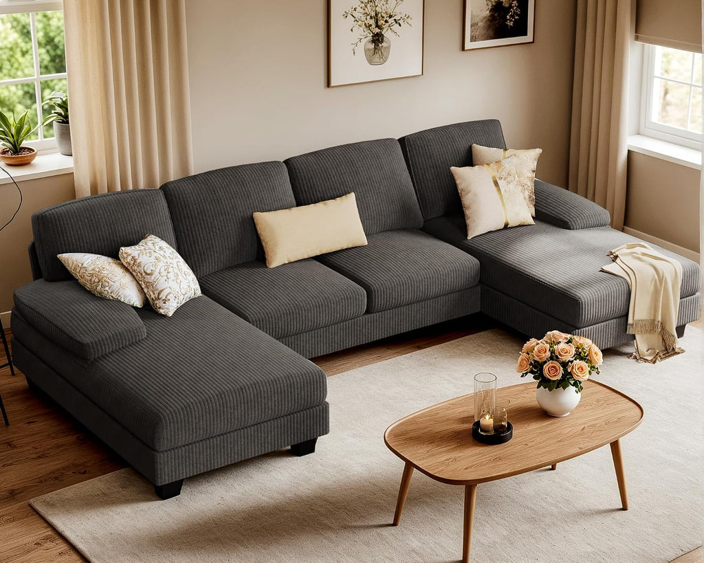 Furniwell Convertible Sectional Sofa Couch, 4 Seat Sofa Set for Living Room U-Shaped Modern Fabric Modular Sofa Sleeper with Double Chaise & Memory Foam (Corduroy, Deep Grey)