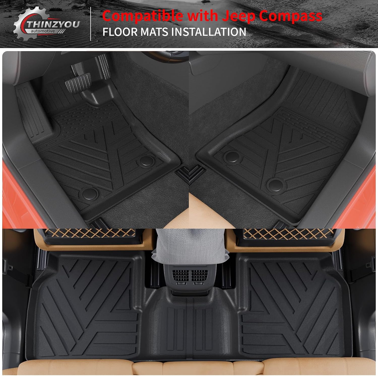 Floor Mats Compatible with 2017-2025 2026 Jeep Compass Trunk Mat Cargo Liner Cargo Mat TPE All Weather Back Seat Cover Protector 2024 Compass Accessories (Trunk Mat+Backrest Mats+Floor Mats)