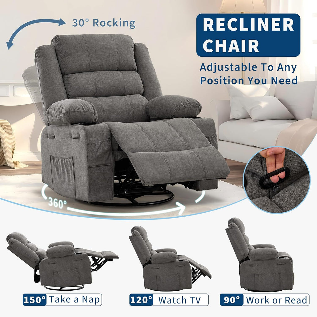 360° Swivel Recliner Chair for Adult, Linen Rocker Chair with 3 Positions/2 Side Pockets/Cup Holders, Manual Nursery Glider Rocking Chair for Bedroom Living Room Office
