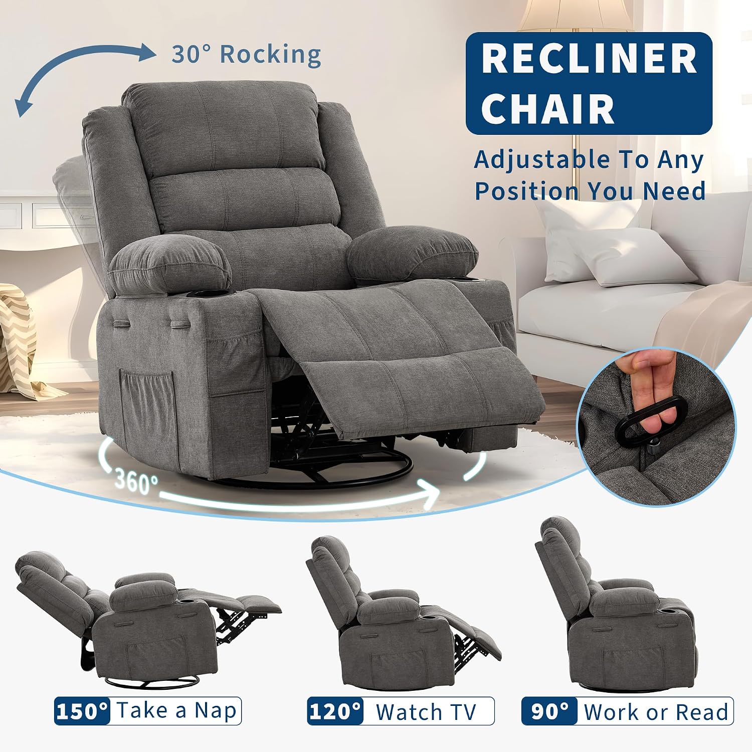 360° Swivel Recliner Chair for Adult, Linen Rocker Chair with 3 Positions/2 Side Pockets/Cup Holders, Manual Nursery Glider Rocking Chair for Bedroom Living Room Office