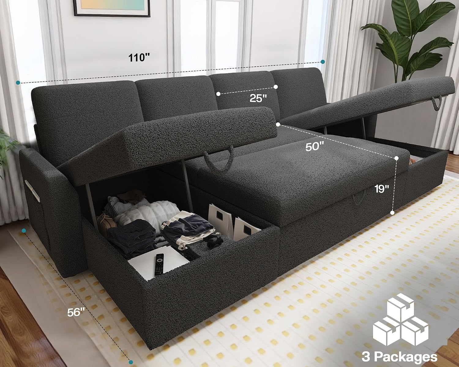 AMERLIFE 110 inch Sleeper Sofa, 2-in-1 Oversized Sofa Bed with Dual Storage Chaise, Pull Out Sofa Couch for Living Room, Guest Room, Boucle Dark Grey