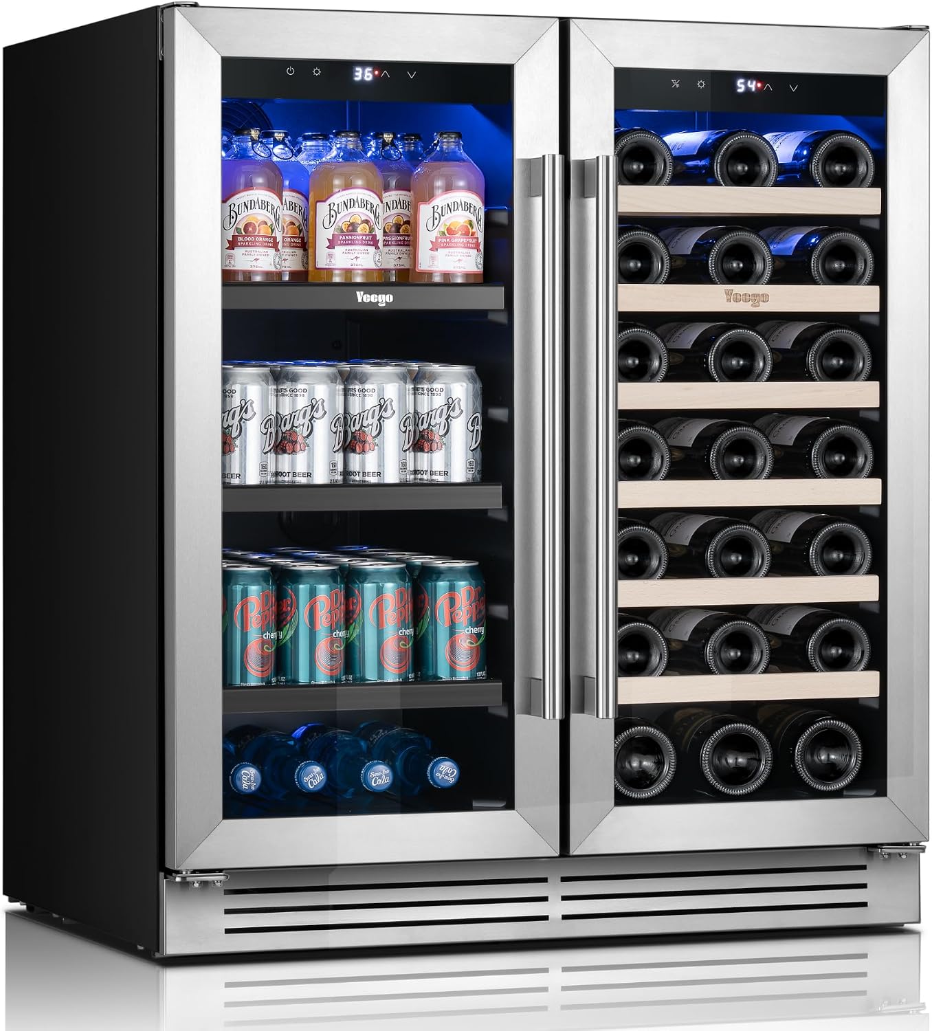 Yeego 30 Inch Wine and Beverage Cooler - 36-72°F, Holds 80 Cans & 33 Bottles Adjustable Shelves Beverage Fridge, Stainless Steel with Glass Door for Built-in for Kitchen/Bar