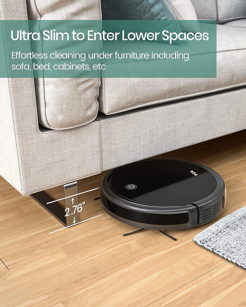 TCL Sweeva 1000 Robot Vacuum Cleaner Ultra Slim 2.76inch, Strong Suction 1500Pa, 120mins Runtime, Washable HEPA Filter, Good for Pet Hair, Hard Floor & Carpets
