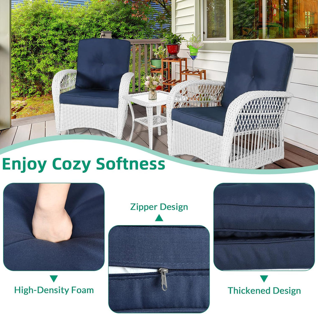 VIVIJASON 3-Piece Patio Conversation Bistro Set, Outdoor Swivel Glider Rocking Chairs Rattan Furniture Set w/ 2 Rattan Chairs, Glass Top Side Table for Porch Backyard, White - Navy Blue