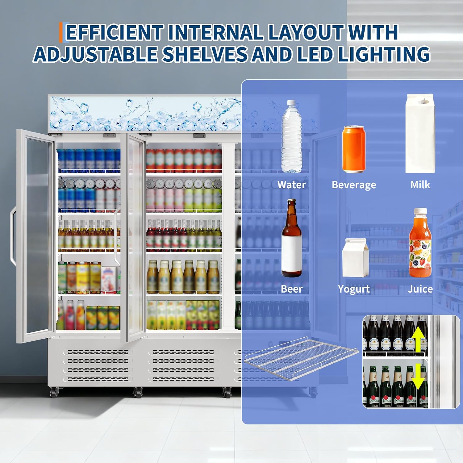 Garvee Commercial Beverage Refrigerator, 38.9 Cu.Ft. 3 Glass Door Display Refrigerator with 360° Circulation Cooling, Frost-Free, Soft LED Light, Adjustable Shelves Beverage Refrigerator Cooler