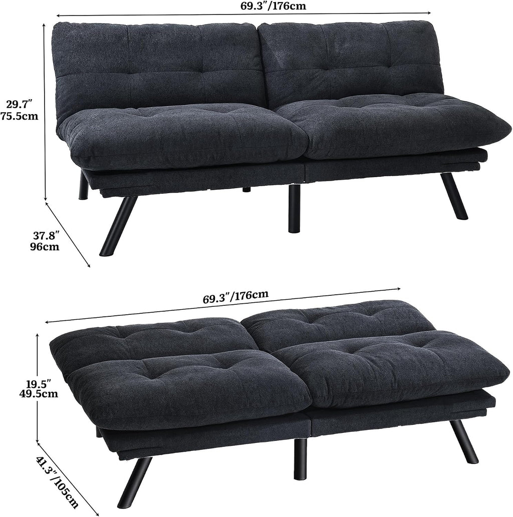 YITAHOME Convertible Futon Sofa Bed with Adjustable 3 Color Light Strip, 70' Folding Futon Set for Living Room Home Office Aprtment, Modern Futon Couch with Adjustable Backrest & Armrests, Black