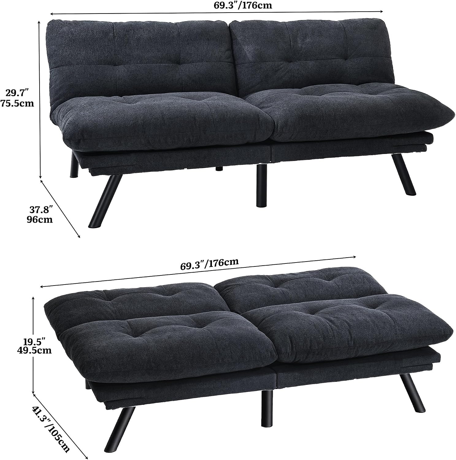 YITAHOME Convertible Futon Sofa Bed with Adjustable 3 Color Light Strip, 70' Folding Futon Set for Living Room Home Office Aprtment, Modern Futon Couch with Adjustable Backrest & Armrests, Black