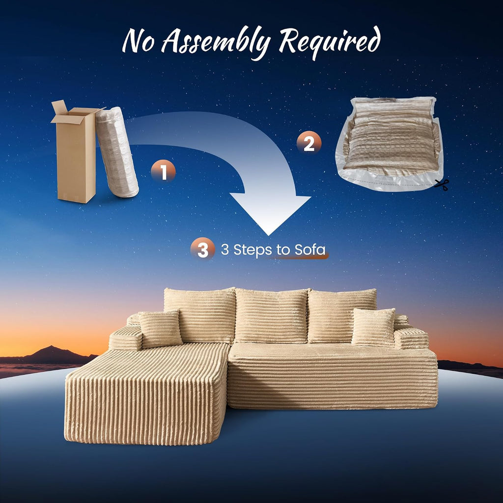 ovios 104' Cloud Boneless Couch with Glitter Fabric, Moudular Sectional Sofa with Deep Seat, No Assembly Required, Modern Minimalist L Shaped Couches with Chaise for Living Room, Beige
