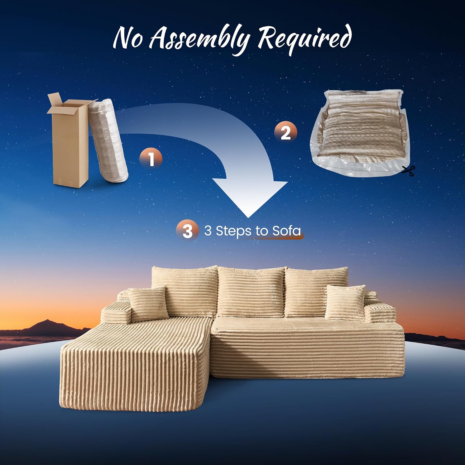 ovios 104' Cloud Boneless Couch with Glitter Fabric, Moudular Sectional Sofa with Deep Seat, No Assembly Required, Modern Minimalist L Shaped Couches with Chaise for Living Room, Beige