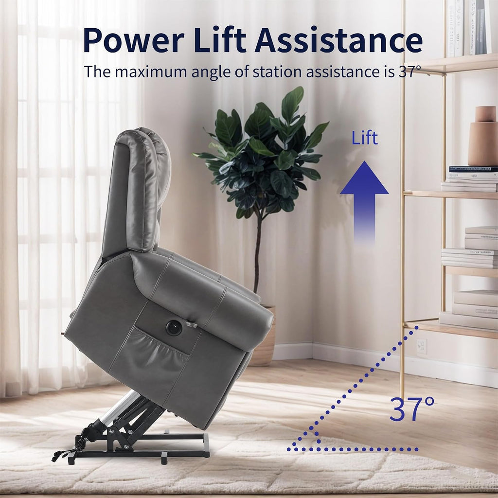FLEXISPOT Power Lift Recliner Chair for Elderly with Massage & Heat, Faux Leather Electric Reclining Chair for Seniors with USB Ports, Cup Holders & Side Pockets(Medium Size,Charcoal Gray