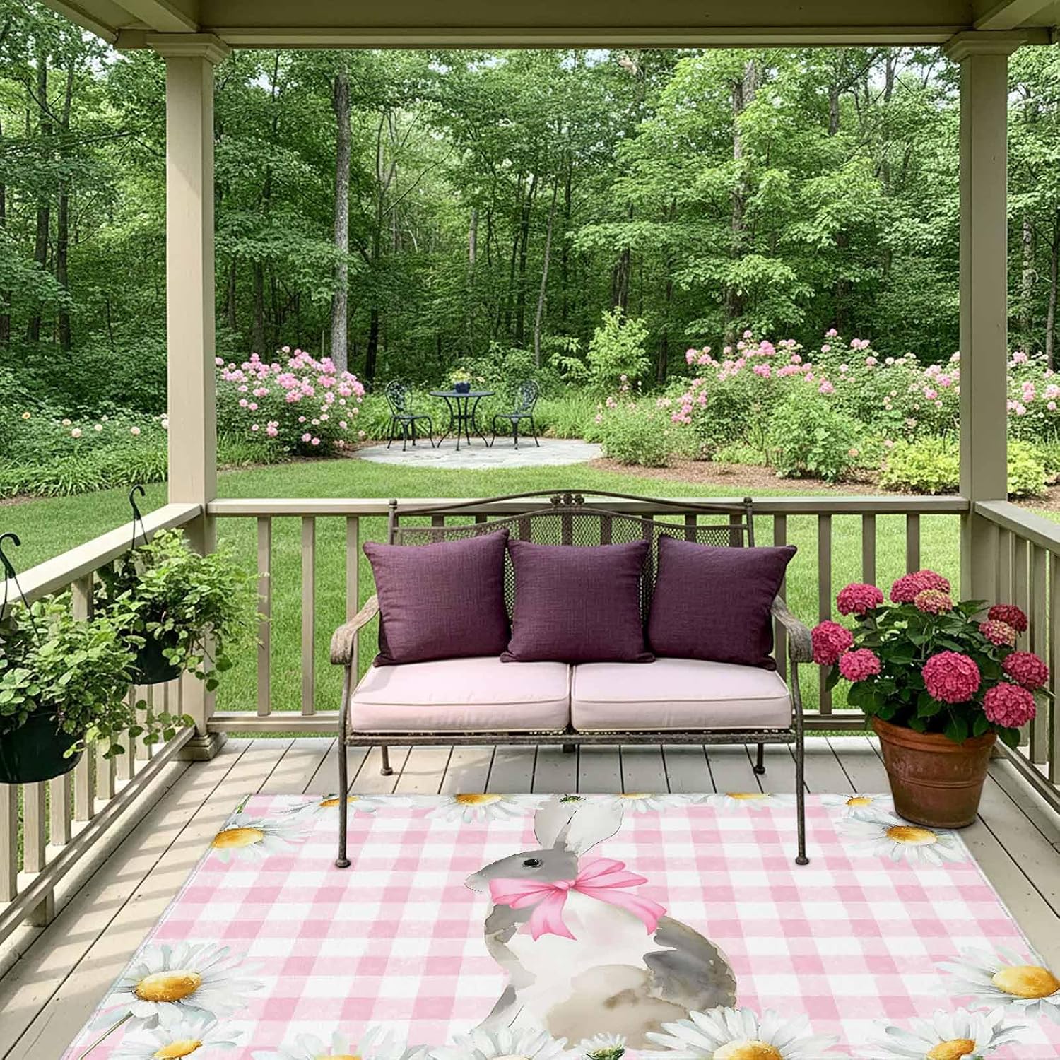 Blue Easter Bunny Outdoor Rug for Patio/Deck/Porch, Non-Slip Large Area Rug 5 x 7 Ft, Spring Daisy Modern Pink Buffalo Plaid Indoor Outdoor Rugs Washable Area Rugs, Camping Rug Carpet Runner