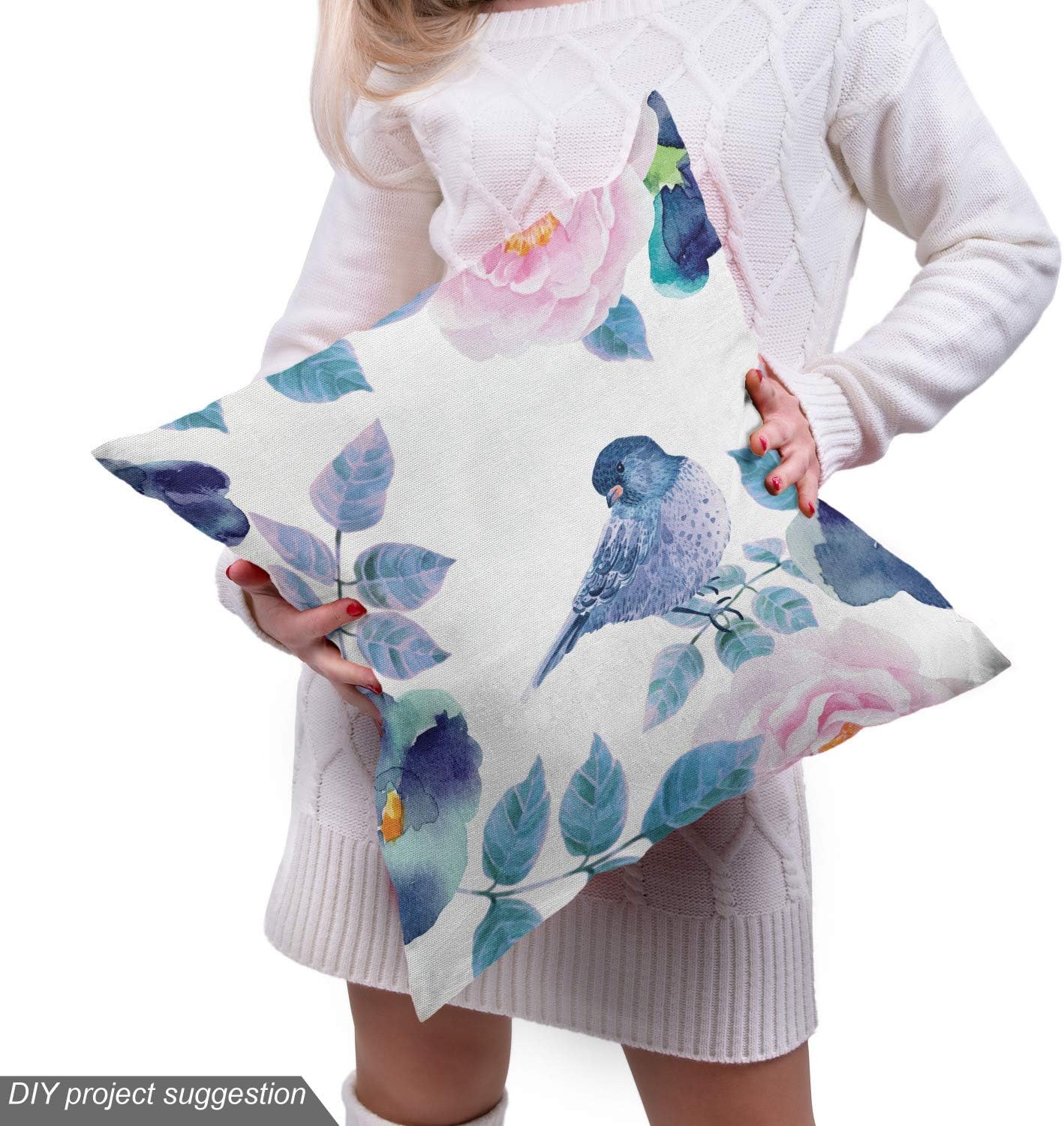 Lunarable Floral Fabric by The Yard, Watercolor Flower Petals and Bird Summer Spring Themed Art, Decorative Fabric for Upholstery and Home Accents, 10 Yards, Blue Petrol