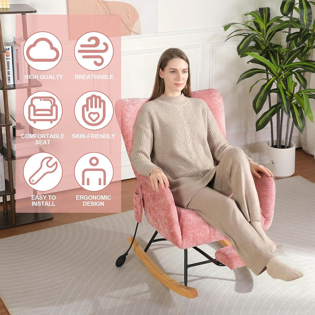 Rocking Chair Nursery with Airbag, Comfy Modern Nursery Rocking Reading Chair Indoor with Footrest, Cozy Upholstered Glider Rocker Chairs for Living Room Bedroom Offices(Chenille, Pink)