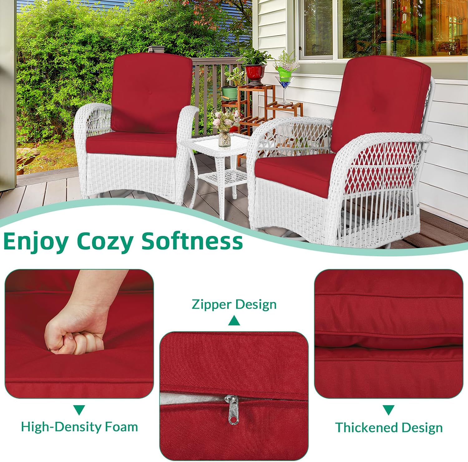 VIVIJASON 3-Piece Outdoor Conversation Bistro Set, Patio Swivel Glider Rocking Chairs Rattan Furniture Sets w/ 2 White Rattan Chairs, Glass Top Side Table for Porch Backyard, Red Cushions