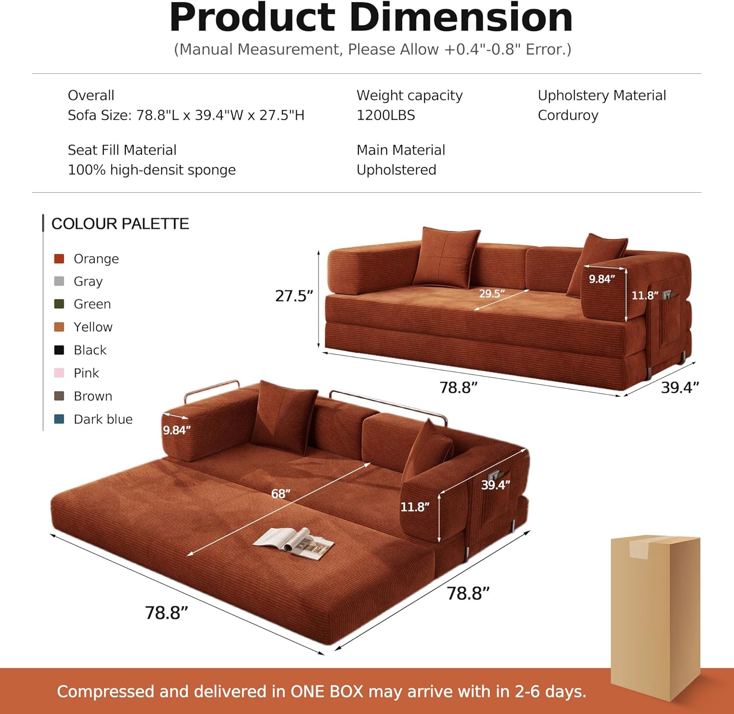 MoonSpeak 78.8''Sleeper Couch Bed for Livingroom，Convertible Modular Sofa with Armrest Pillow，Modular Fldable Corduroy Couches in a Box,No Assembly (Rust Red)