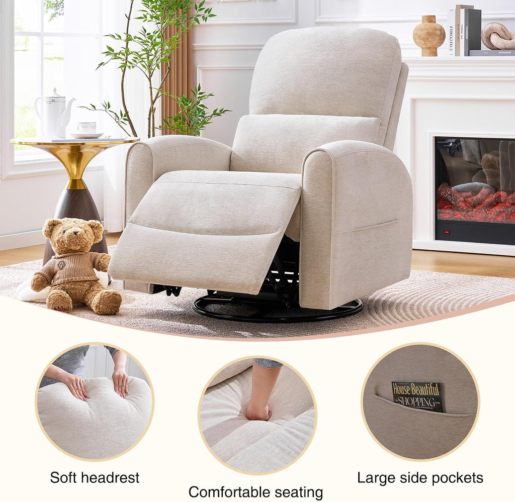 Swivel Rocker Recliner, Manual Swivel Glider Nursery Recliner Chair with Adjustable Headrest and Lumbar Support, Rocking Recling Chairs for Small Space, Living Room, Bedroom, Camel