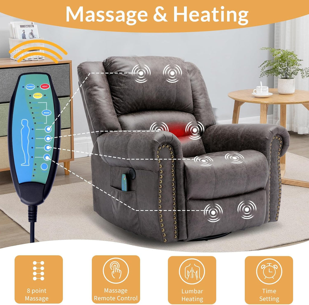 Manual Massage Recliner with Heating Function, 360° Swivel Glider Rocking Recliner Chair for Living Room, Ergonomic Single Sofa Chair with Remote Control/USB Ports/Side Pockets(Grey)