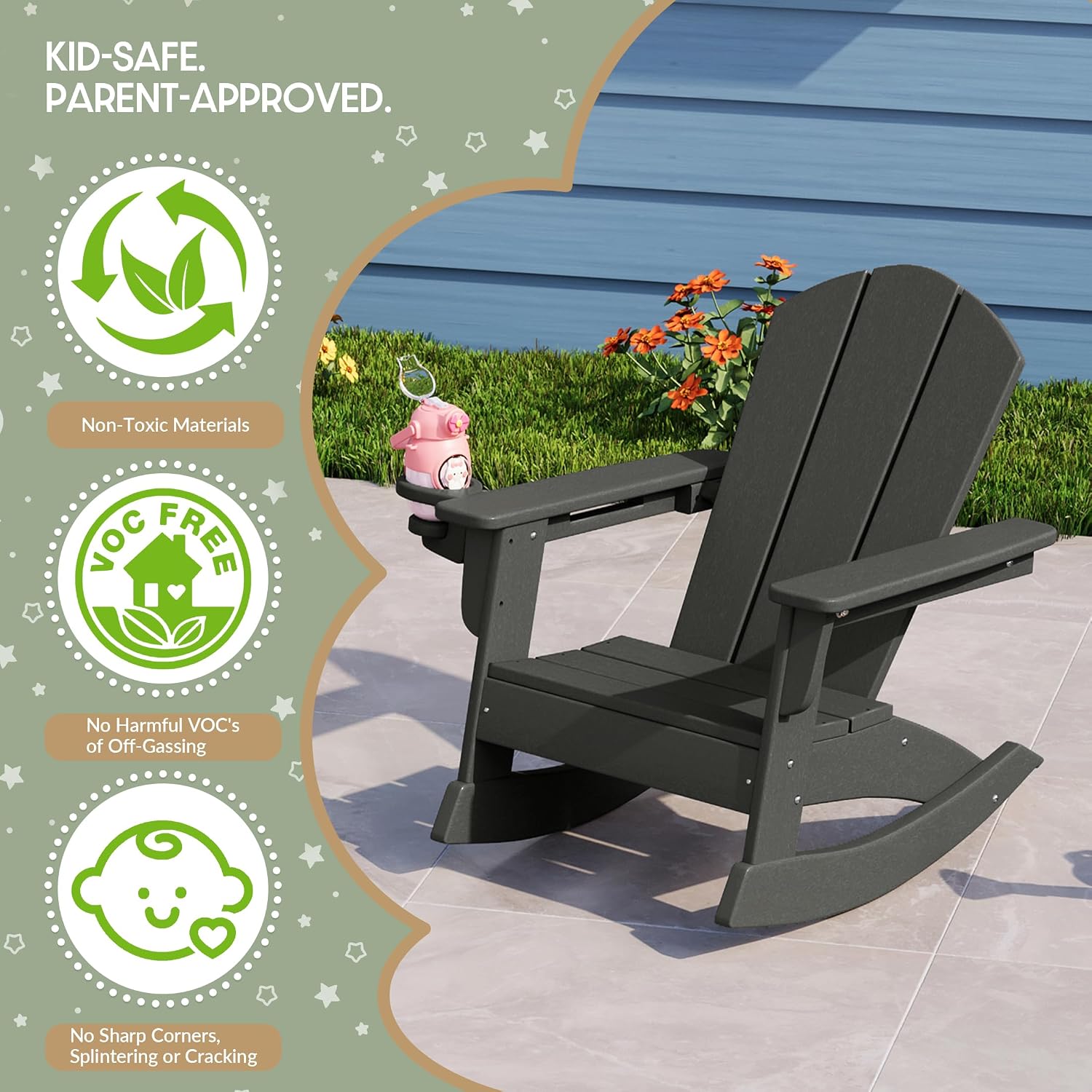 WestinTrends Malibu Outdoor HDPE Plastic Preschool Toddler Classic Adirondack Rocking Chairs (Set of 2), Gray