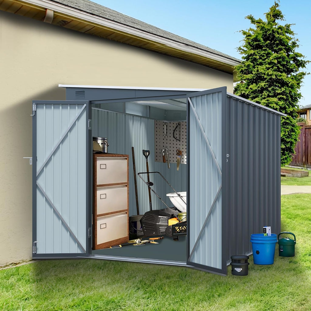 6x8FT Galvanized Steel Storage Shed with Lockable Double Doors, UV-Resistant Outdoor Metal Shed & Lean-to Design Garden Shed with PC Light Board for Tools, Bikes and Patio Essentials