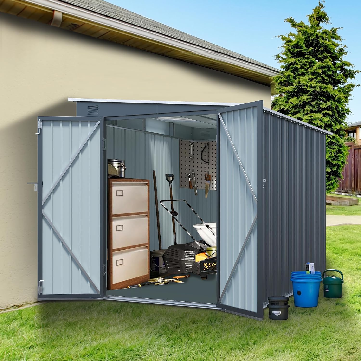 6x8FT Galvanized Steel Storage Shed with Lockable Double Doors, UV-Resistant Outdoor Metal Shed & Lean-to Design Garden Shed with PC Light Board for Tools, Bikes and Patio Essentials