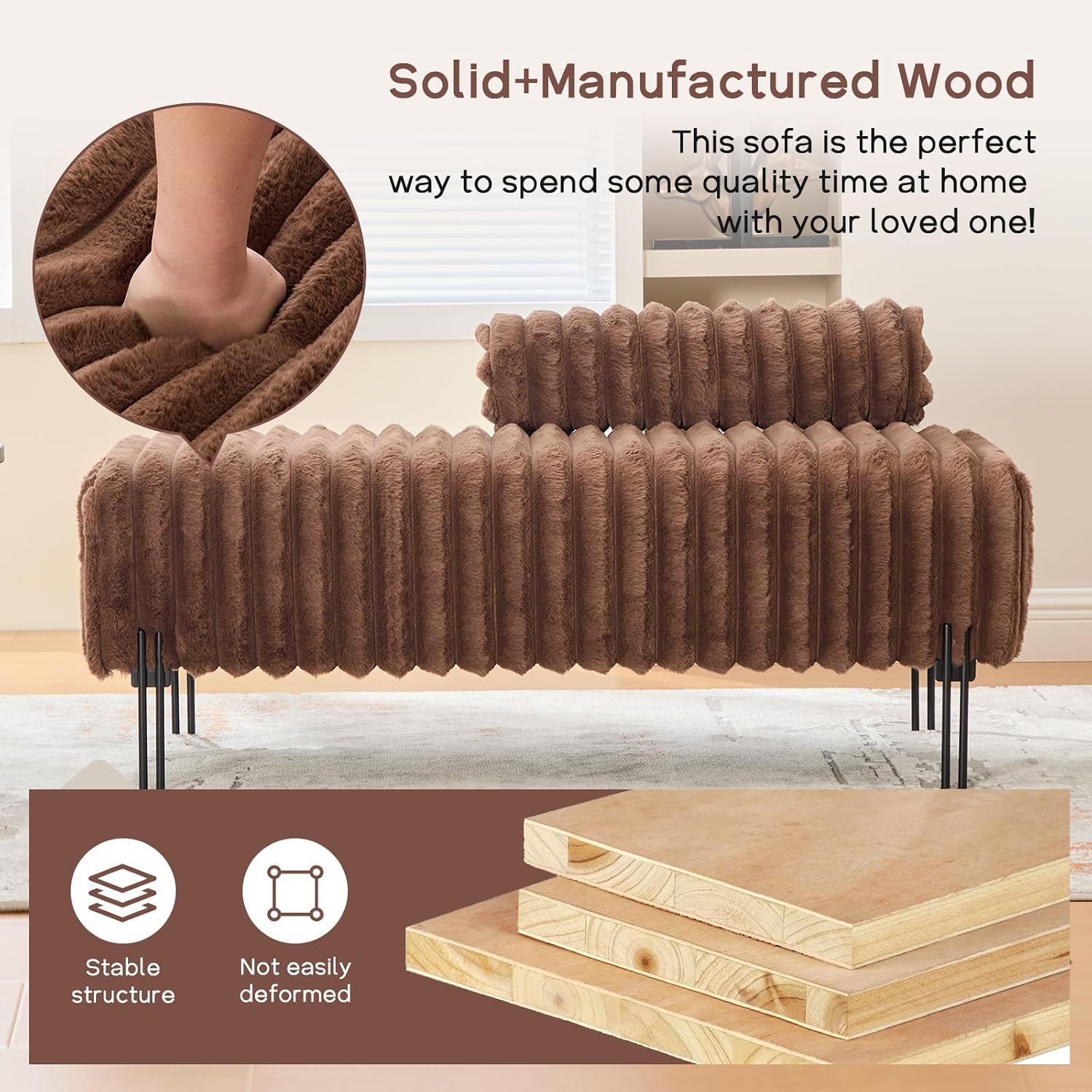 NIOIIKIT 49.6' Modern Loveseat Sofa Couch, Upholstered Accent Sofa with Golden Legs and Adjustable Backrest, Small Faux Fur Couches for Bedroom, Living Room, Compact Small Space (Brown)