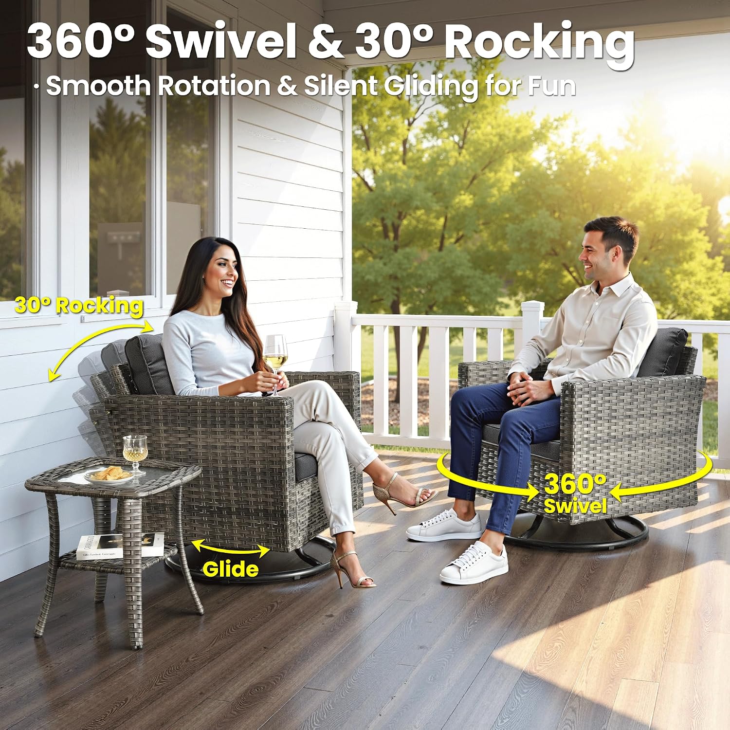 ovios 8 Pieces Patio Furniture Set, Outdoor Wicker Sofa Couch with Swivel Chairs, Rocking Glider Rocker with Comfy Cushions All Weather Rattan Conversation Set, Black