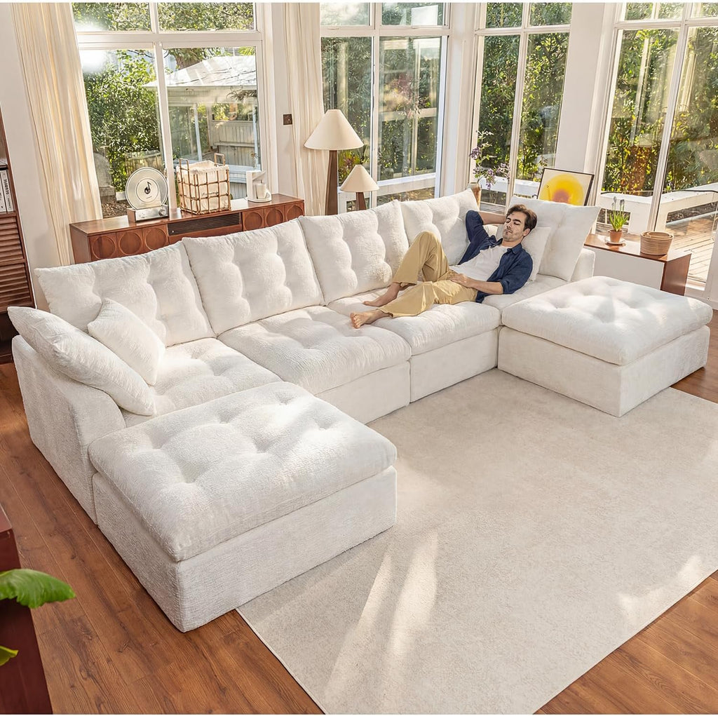 142' Cloud Sectional Couches U-Shaped Modular Boneless Chenille Sofa Couches with Deep Seat Ottoman and Side Pockets, Module Combination for Living Room 4 Seater