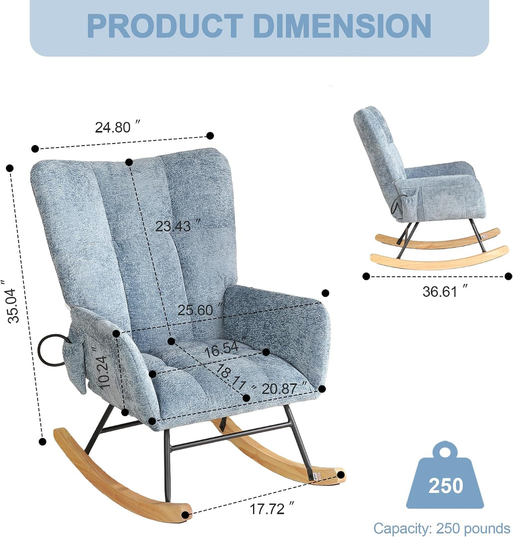 Rocking Chair Nursery with Airbag, Comfy Modern Nursery Rocking Reading Chair Indoor, Cozy Upholstered Glider Rocker Chairs for Living Room Bedroom Offices, (Chenille, Blue)