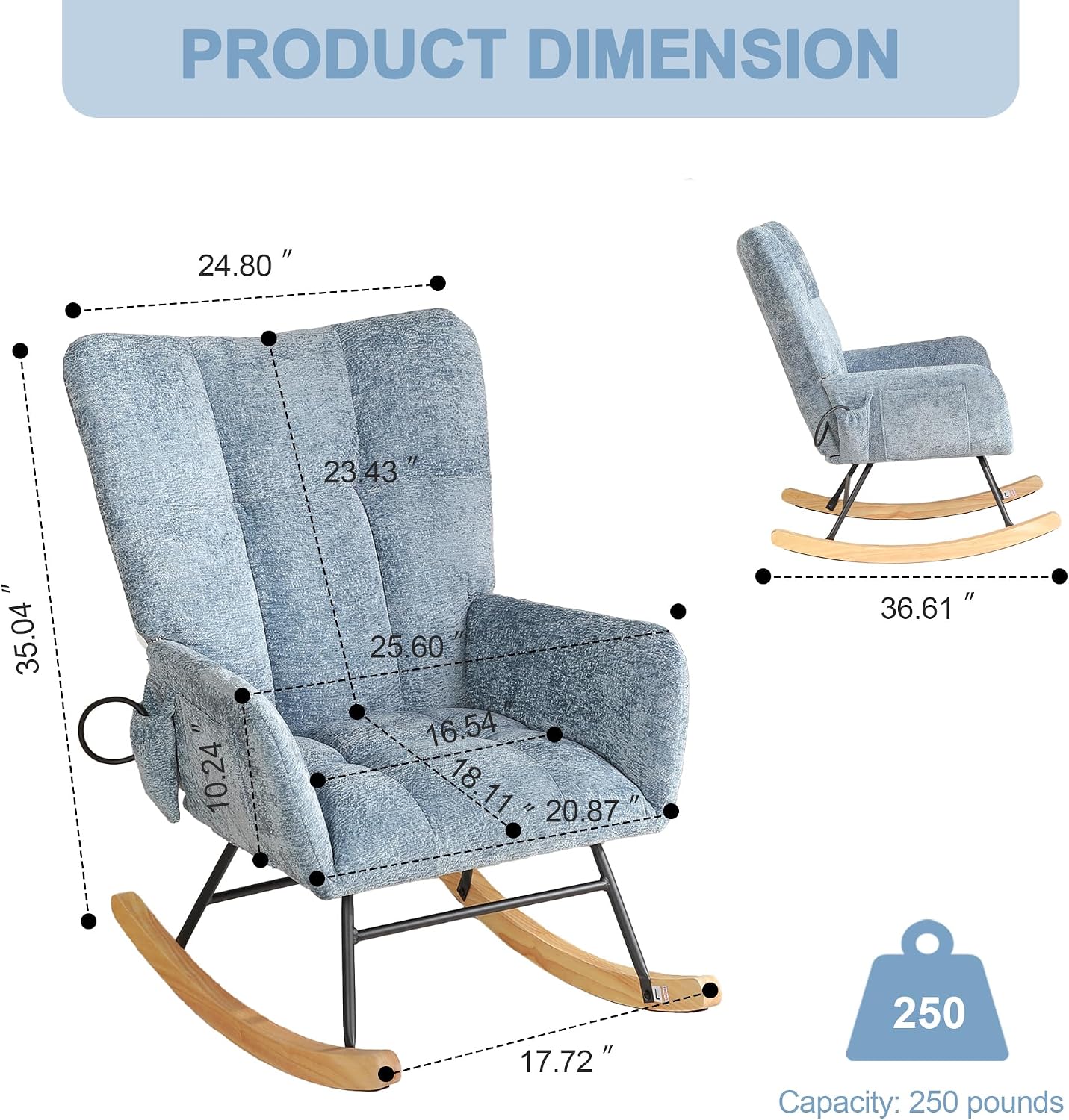 Rocking Chair Nursery with Airbag, Comfy Modern Nursery Rocking Reading Chair Indoor, Cozy Upholstered Glider Rocker Chairs for Living Room Bedroom Offices, (Chenille, Blue)