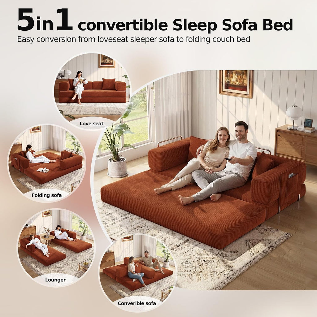 MoonSpeak 78.8''Sleeper Couch Bed for Livingroom，Convertible Modular Sofa with Armrest Pillow，Modular Fldable Corduroy Couches in a Box,No Assembly (Rust Red)
