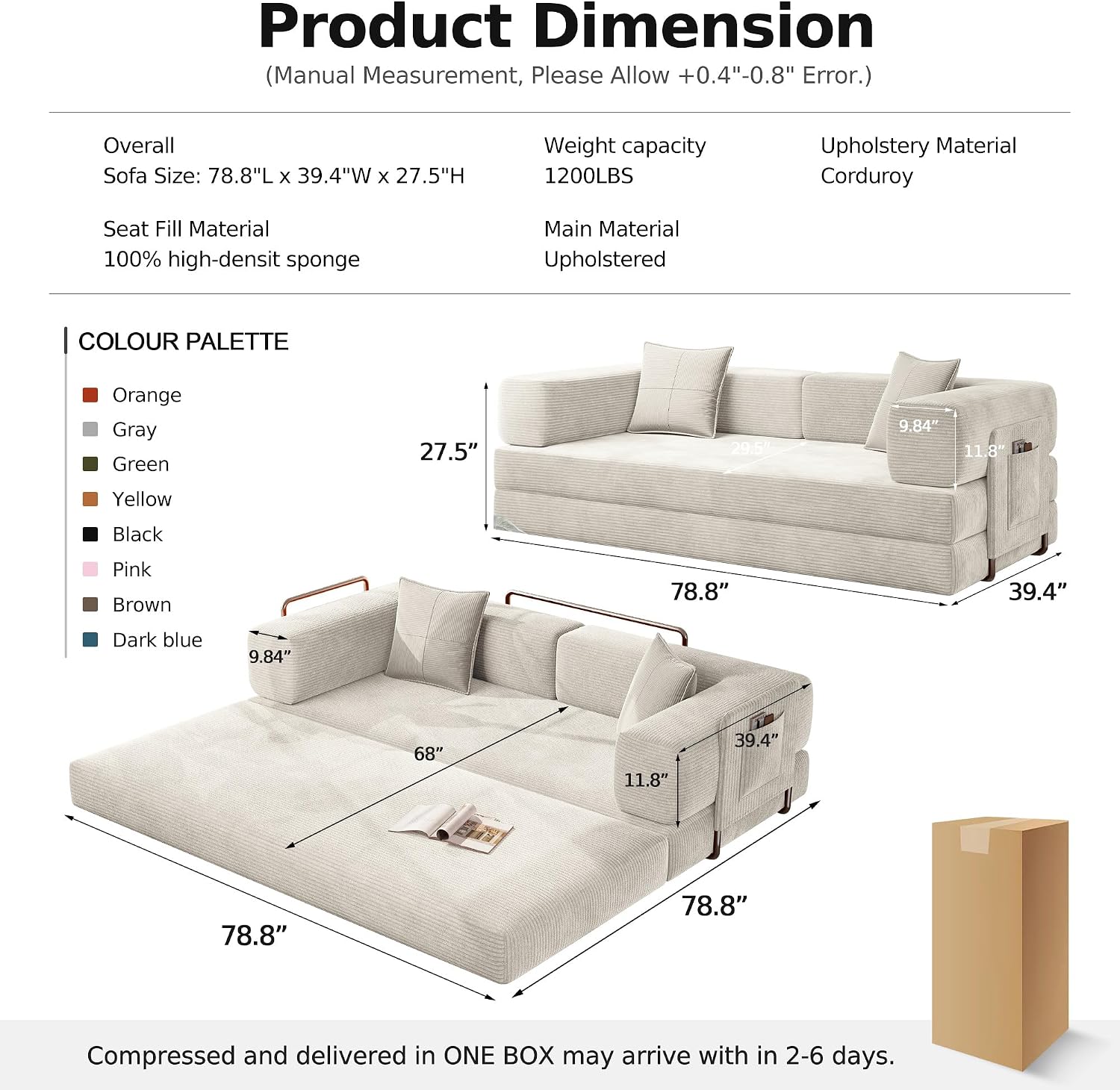 MoonSpeak 78.8''Sleeper Couch Bed for Livingroom,Convertible Modular Sofa with Armrest Pillow,Modular Foldable Corduroy Couches in a Box,No Assembly (White)