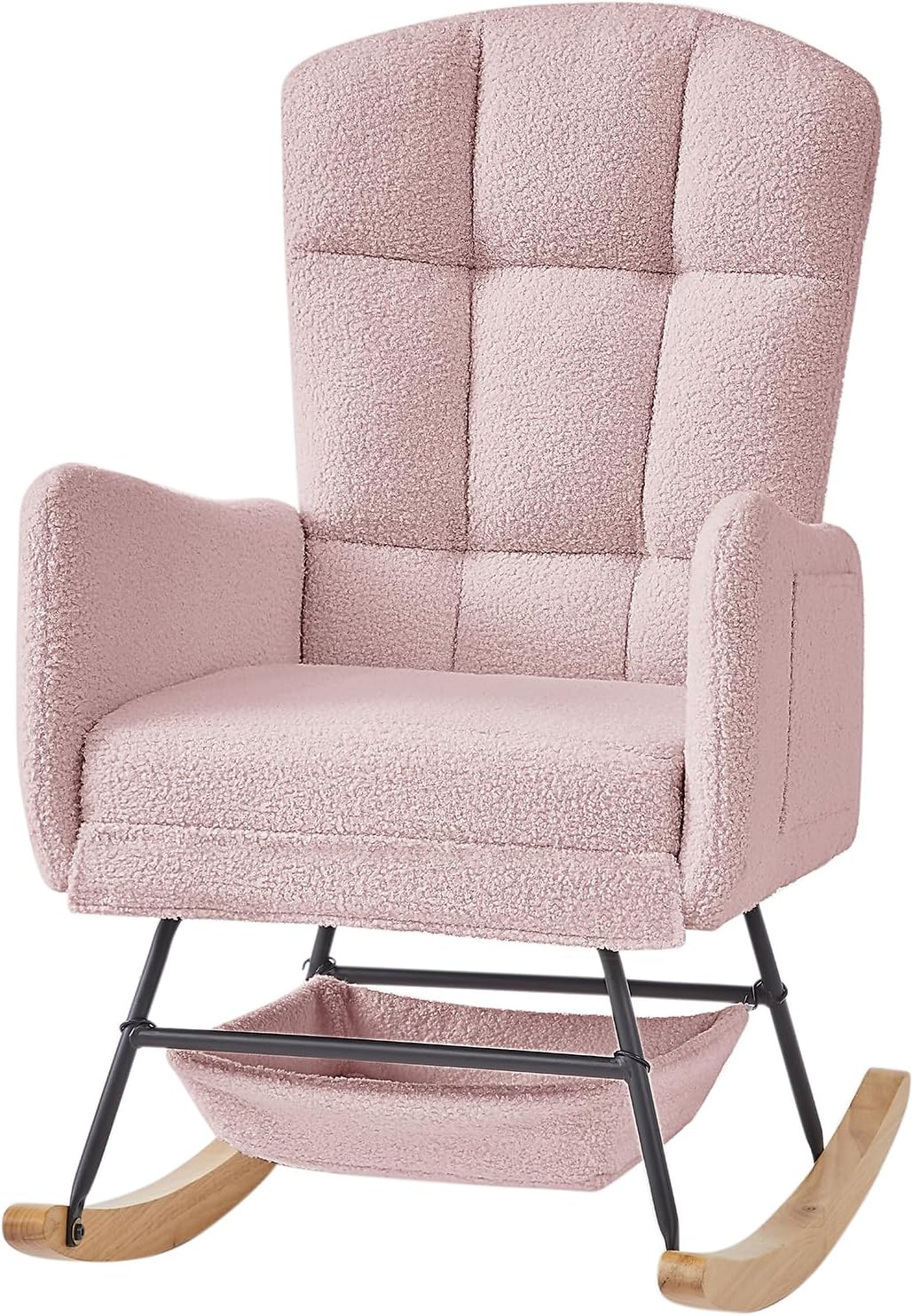 Teddy Upholstered Rocking Chair,Indoor Glider Chair with High Backrest and Side Pockets, Accent Arm Chair with Storage Bag for Living Room. (Pink)