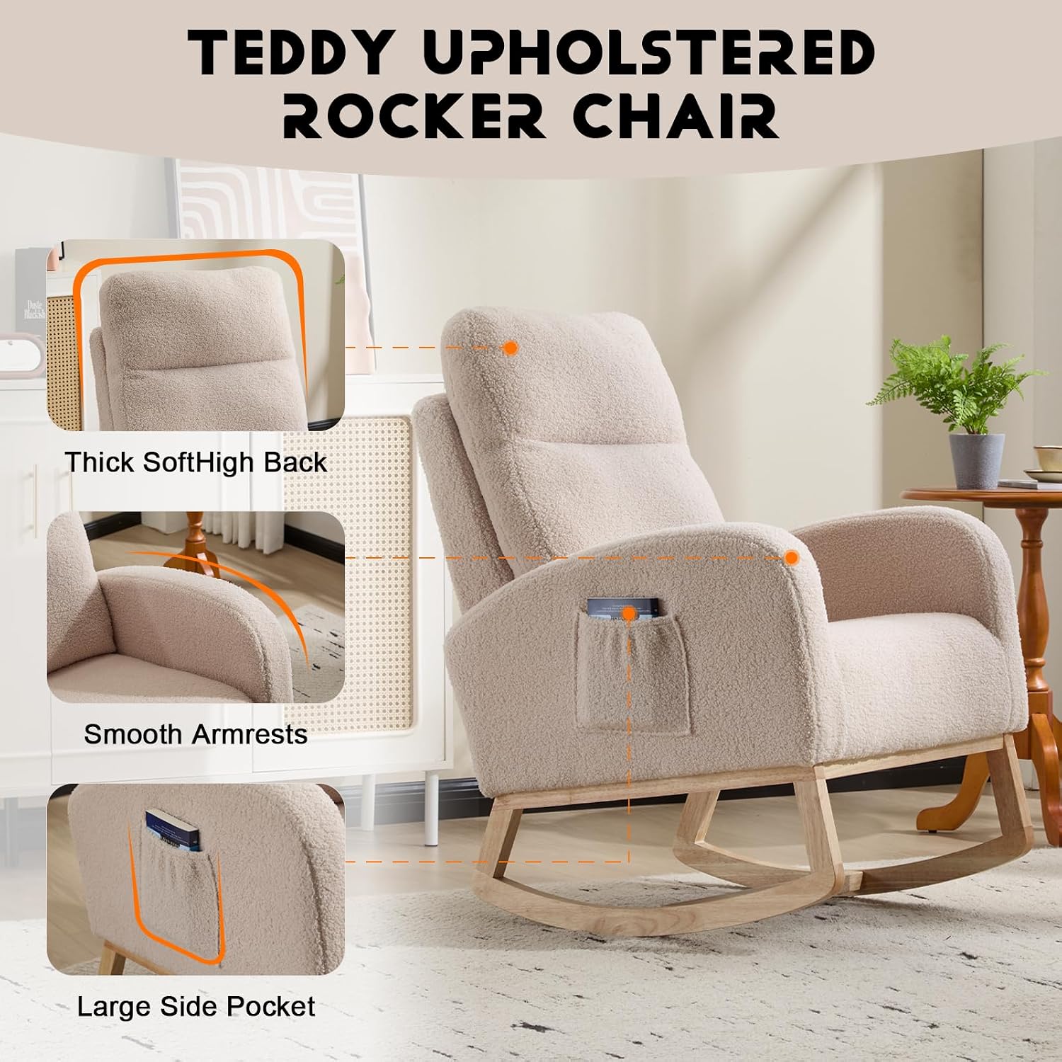 KEIKI Upholstered Rocking Armchair for Bedroom or Apartment, Soft Cushioned Nursery Glider with Wood Legs, High Back Support and Side Pocket for Everyday Comfort