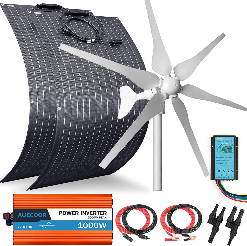 600 Watts 12 Volts Solar Panel Wind Turbine Hybrid System Kit: 2 pcs 100W ETFE Flexible Monocrystalline Solar Panel+400W Wind Turbine+1000W Inverter + Accessories,for Curvy Surface,Roofs,RV